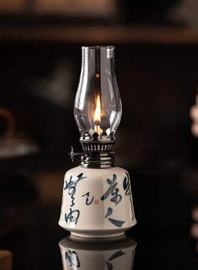 中式复古陶瓷酥油灯手绘诗文摆件