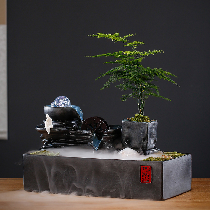 中式时来运转招财流水小加湿器微景观桌面造景客厅乔迁送礼品