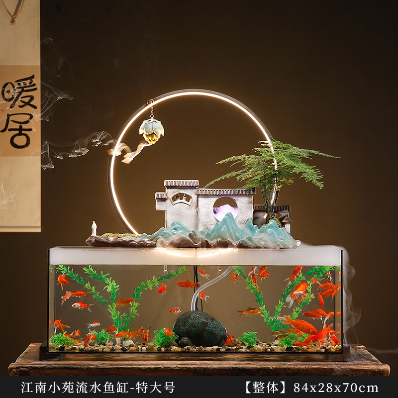 新中式特大号玻璃鱼缸流水摆件桌面造景假山喷泉加湿器客厅装饰i.