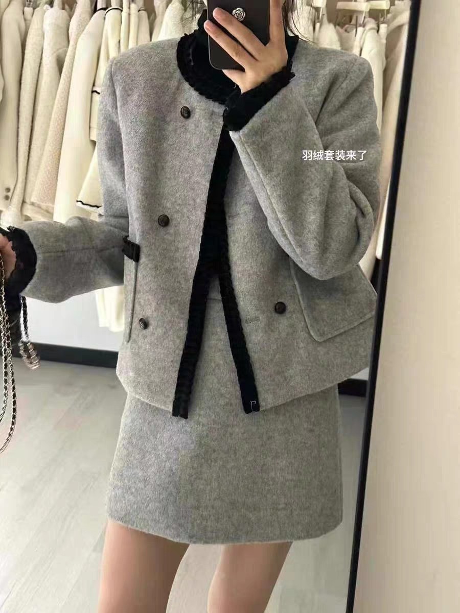 冬季新款韩版小香风羽绒羊毛呢短外套+短裙女两件套装