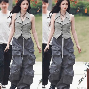 JNYLON复古斯文辣妹多口袋宽松阔腿工装裤子女奔跑吧白鹿同款2024