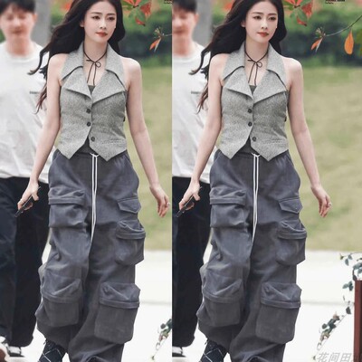 JNYLON复古斯文辣妹多口袋宽松阔腿工装裤子女奔跑吧白鹿同款2024