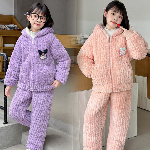 女童家居服冬季加绒加厚夹棉套装