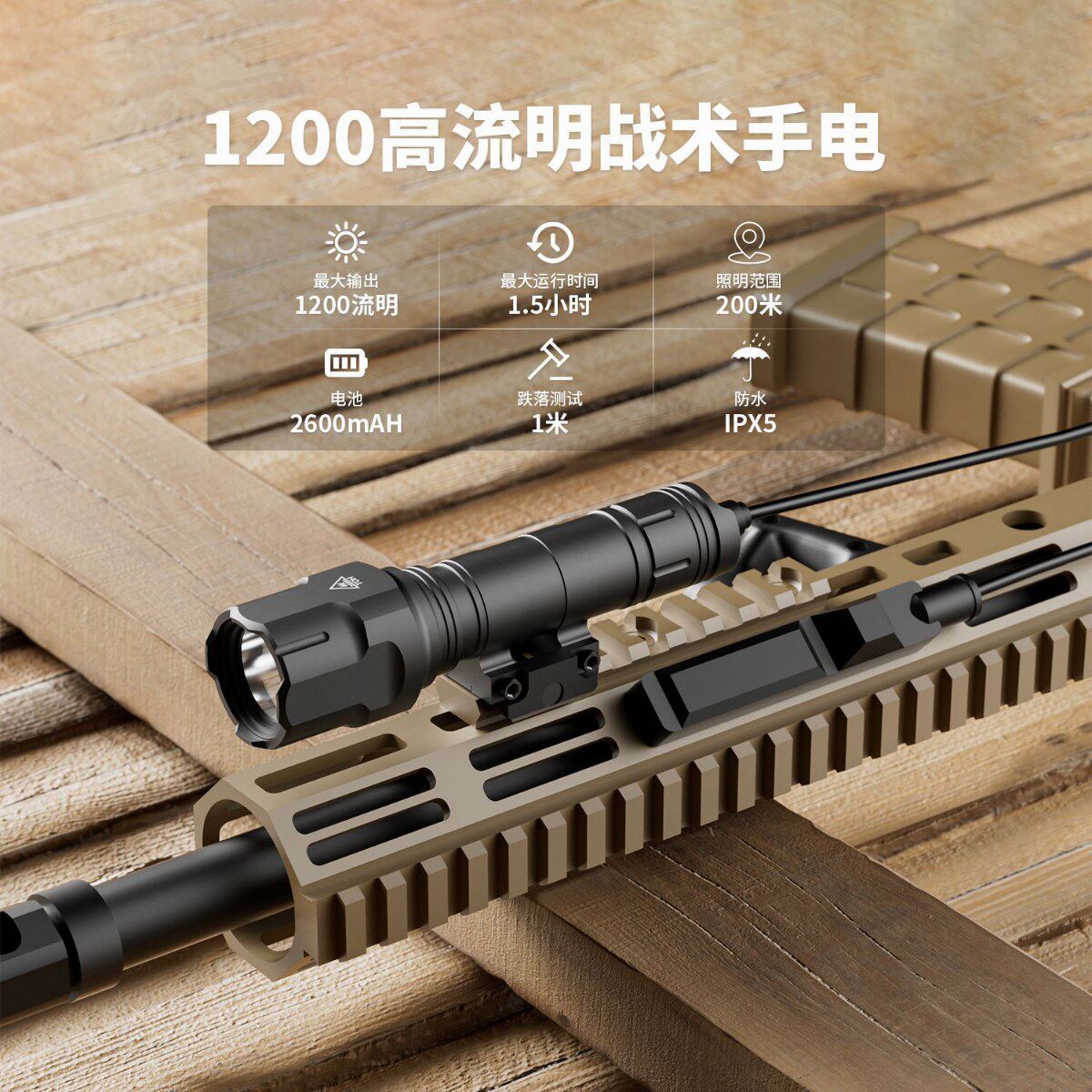 户外爆款LED手电1200流明20MM夹具强光手电筒防水防震便携式手电