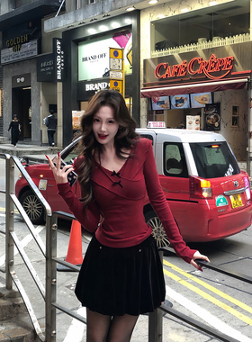 吃绿色菜【洛可可芭蕾】古早甜欲风交叉露肩针织小衫