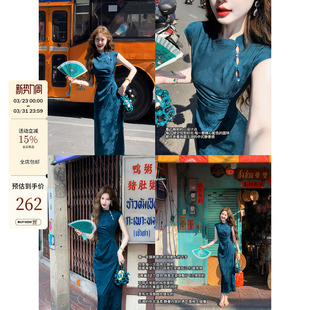 两色镂空设计改良旗袍显瘦连衣裙女 新中式 吃绿色菜 桃夭.青黛