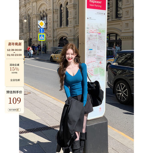 V领针织打底长袖 显白弹力修身 T恤 美白滤镜 吃绿色菜