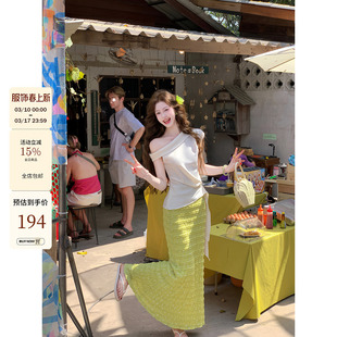 吃绿色菜【柠檬花夏】初夏清新有弹力显瘦鱼尾裙中长款碎花半身裙