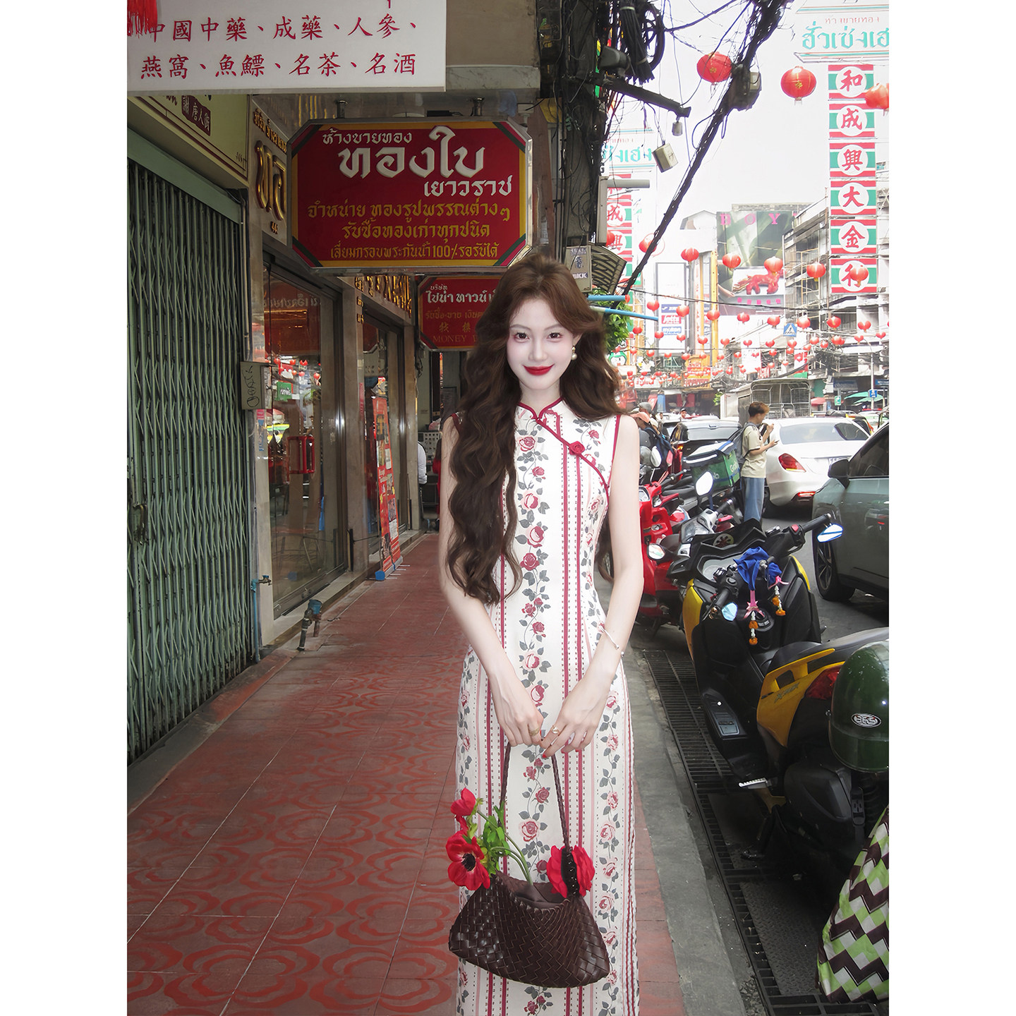 吃绿色菜【南洋玫瑰】手工门襟 新中式改良旗袍复古无袖连衣裙女