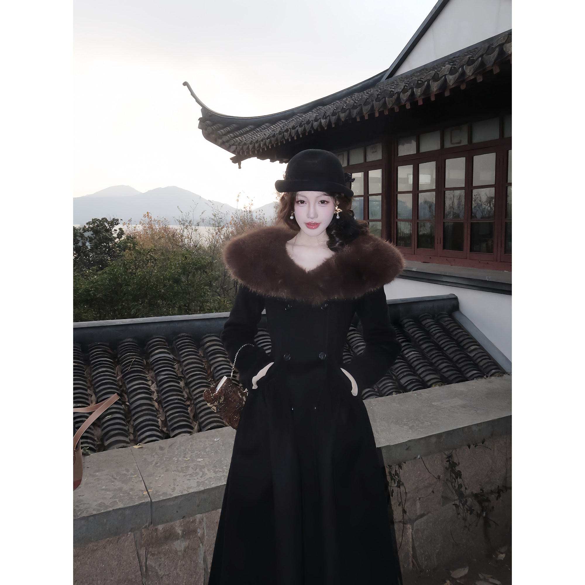 吃绿色菜【嗲腰大衣 圣诞新品】大毛领收腰显瘦双面呢大衣外套