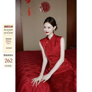 吃绿色菜【锦瑟年华】吃菜结婚晨袍盘扣吊坠红色敬酒服新中式旗袍