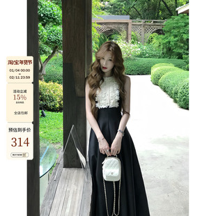 吃绿色菜【珍妮晚宴】法式娃娃领miu系蕾丝无袖古早千金风连衣裙