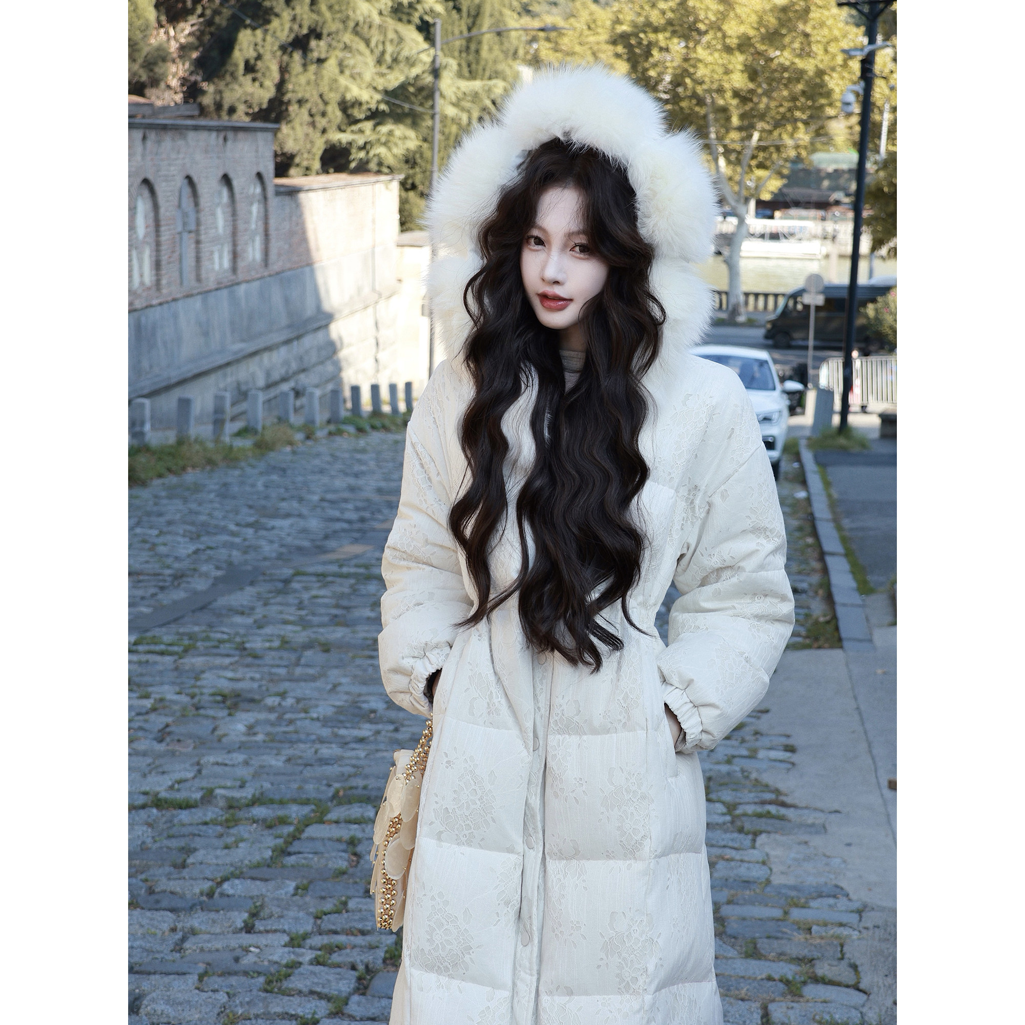 吃绿色菜【绒花知雪】蕾丝收腰真狐狸毛领90白鸭绒连帽羽绒服冬季