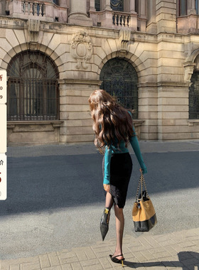 吃绿色菜【圣诞新品】钓系姐感黑色蕾丝微透修身包臀半身裙