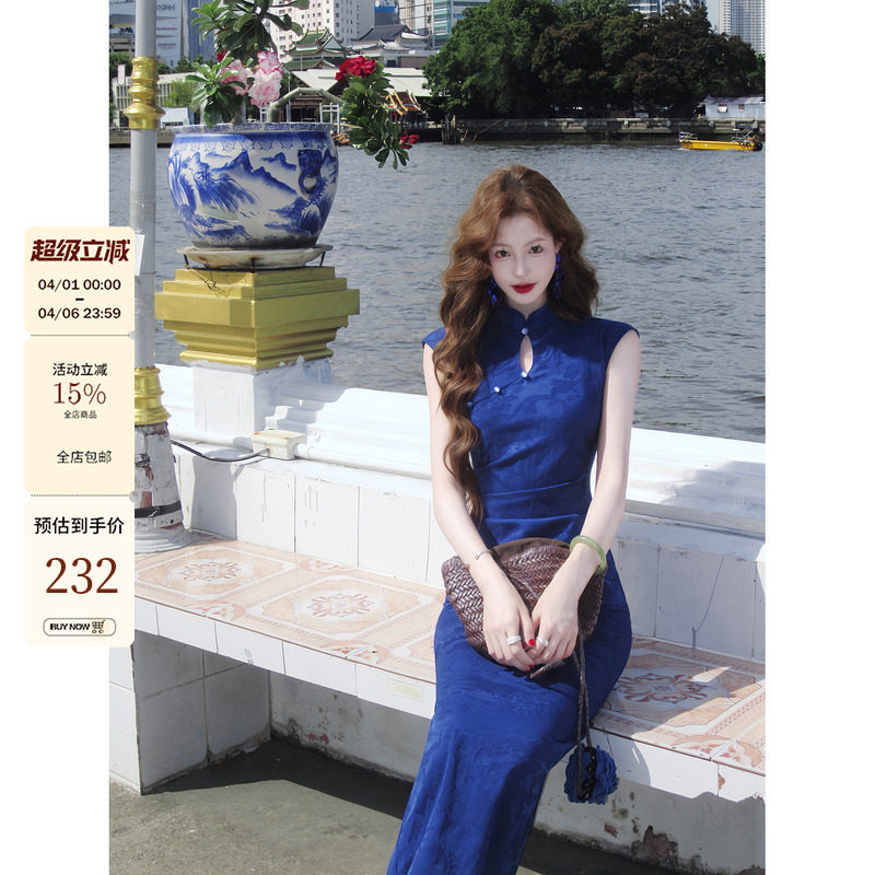 吃绿色菜【岚语】去年1w+销量无袖褶皱收腰蓝色新中式旗袍连衣裙