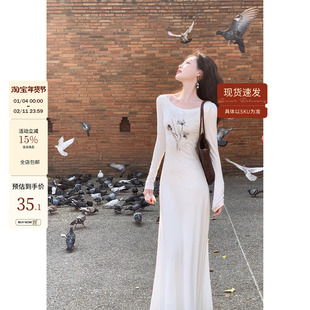 吃绿色菜【白兰】新中式素雅弹力连衣裙女秋夏收腰水墨印花裙子