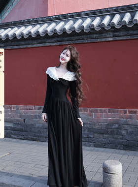 吃绿色菜【黑天鹅】贵气时髦黑白拼色扭结喇叭袖显瘦大裙摆连衣裙