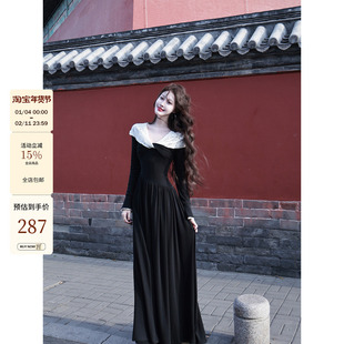 吃绿色菜【黑天鹅】贵气时髦黑白拼色扭结喇叭袖显瘦大裙摆连衣裙