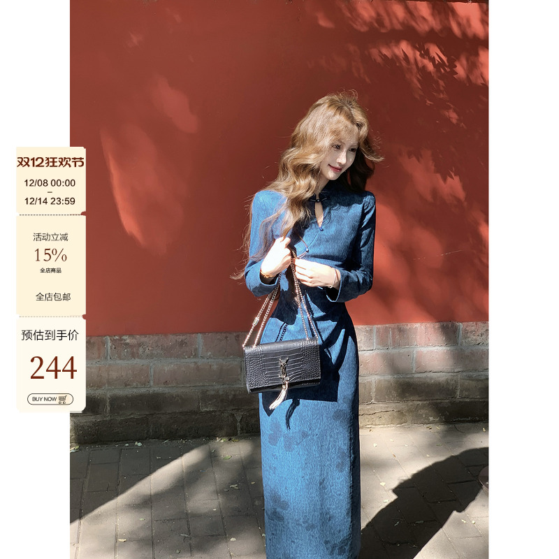 吃绿色菜【空影蝶】新中式蝴蝶印花立领旗袍收腰连衣裙