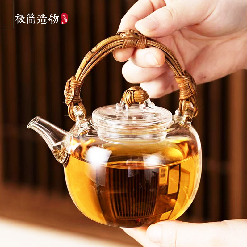 手工竹藤编提梁玻璃烧水煮茶壶