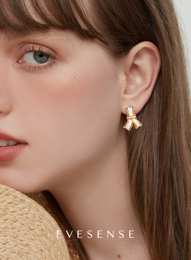 EVESENSE缎带白色蝴蝶结高级感珐琅耳环法式复古小众设计耳饰耳钉