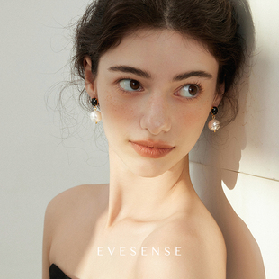EVESENSE原创复古椭圆黑玛瑙珍珠耳环高级感气质小众设计ins耳饰