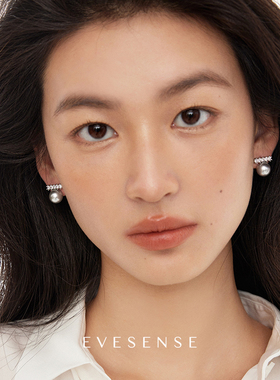 EVESENSE真多麻灰镶钻平衡木珍珠耳环高级简约小众气质925银耳针