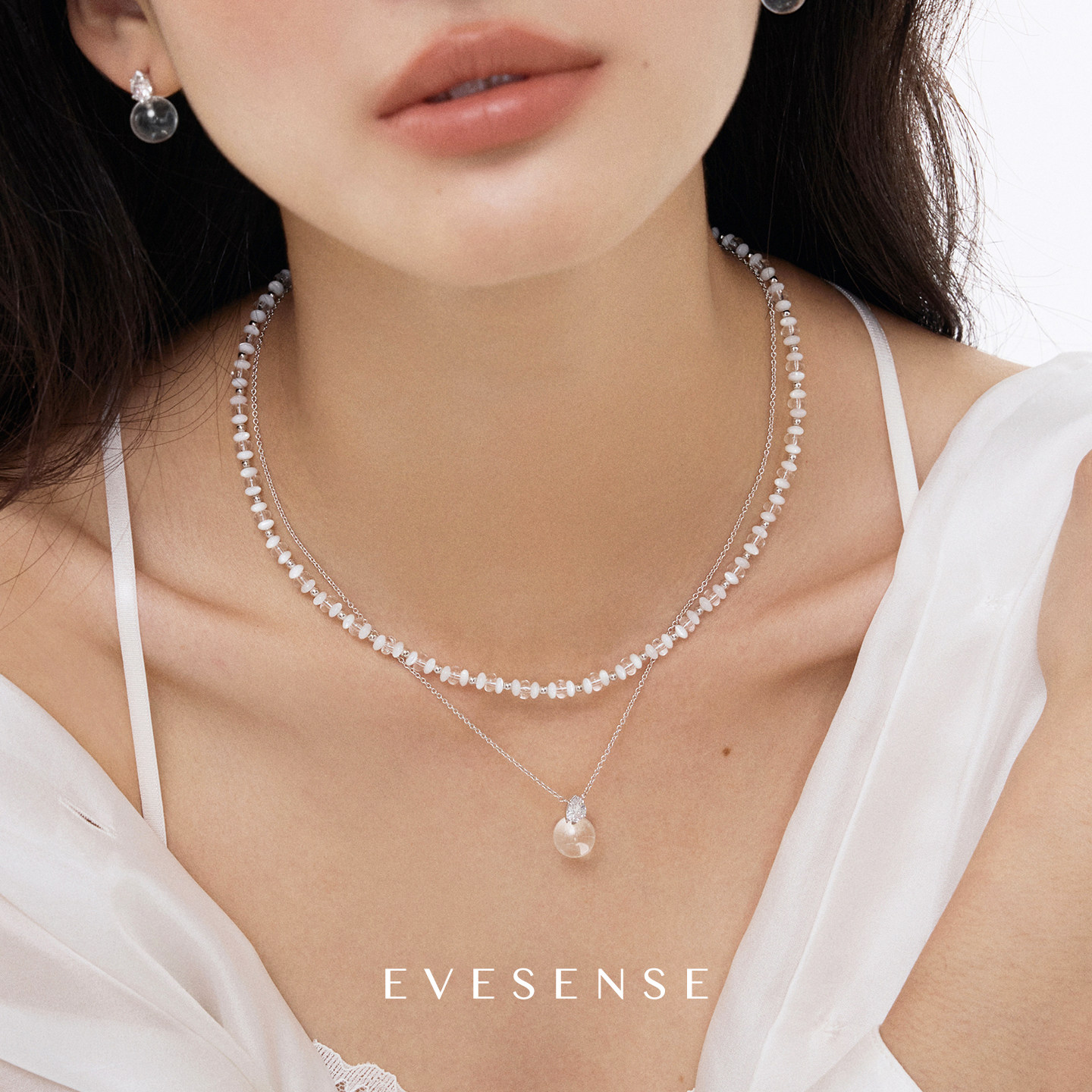 EVESENSE泡泡系列天然白贝白水晶项链高级感轻奢气质串珠锁骨链女