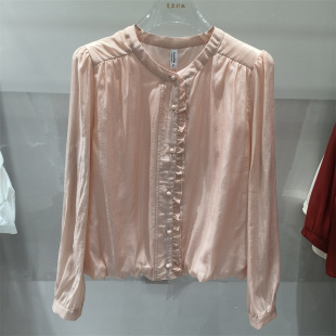 专柜正品 温柔风木耳边衬衫 女装 圆领百搭显瘦减龄上衣春季 女长袖