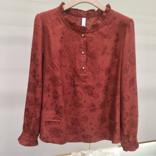 上衣中年妈妈女装 新中式 圆领宽松套头小衫 女长袖 国风刺绣衬衫