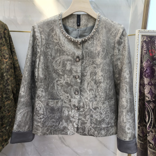 商场同款 显瘦百搭收腰外套浪漫古典上衣 小香风钉珠领缎面女长袖