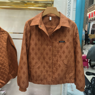 百搭显瘦夹克上衣中年妈妈装 时尚 复古通勤风菱格翻领短外套女时尚