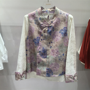 国风上衣港风复古女装 时尚 两件套女长袖 立领印花马甲衬衫 新中式