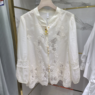 立领盘扣蕾丝显瘦百搭减龄上衣商场同款 女长袖 重工刺绣衬衫 中式