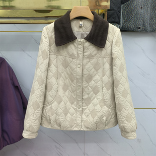 通勤风撞色翻领菱格纹短外套女春季 宽松显瘦夹克上衣中年妈妈女装