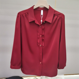 红色上衣中年妈妈女装 中式 女宽松显瘦遮肉显瘦时尚 衬衫 翻领长袖