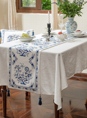 防水桌旗法式台布新中式氛围感茶几桌布边柜盖布长条青花台布定制