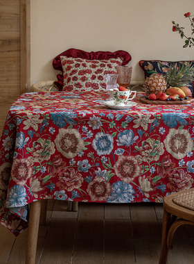 人间富贵花美式桌布复古高级感红色喜庆茶几布提花盖布防尘布定制