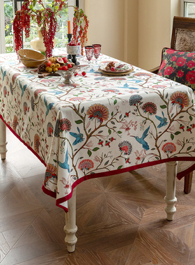 桌布美式田园高级轻奢餐桌布艺亚麻台布防水翠鸟法式盖布茶几布