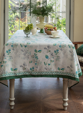 亚麻桌布防水茶几台布美式田园玉兰花轻奢高级感长方形餐桌布定制