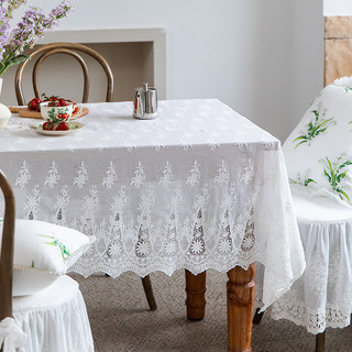 夏季新品白色蕾丝桌布高级感棉纯色百搭法式圆桌方桌盖布茶几桌布