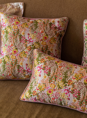 美式抱枕轻奢高级感田园花卉客厅沙发靠垫靠包腰枕床头靠背粉色