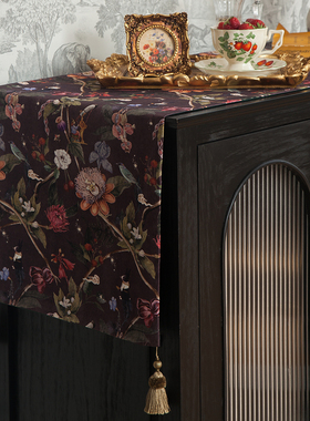 美式桌旗黑色中古欧式高级感电视柜桌布盖布边柜茶几桌布长条床旗