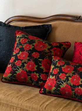美式抱枕复古高档红色扶桑花客厅沙发靠枕腰枕床头靠垫黑色枕套枕