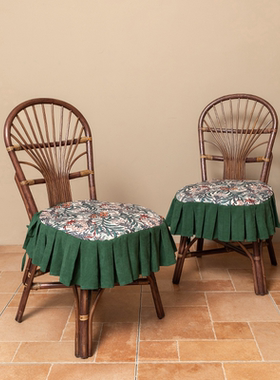 美式复古餐椅坐垫荷叶边四季通用亚麻椅子垫欧式绿色花卉椅垫拆洗