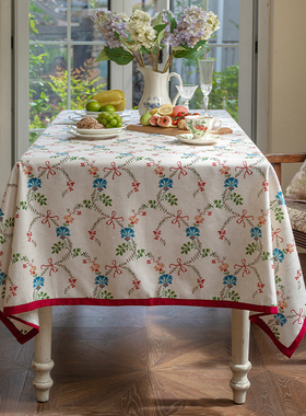 亚麻桌布防水茶几布法式复古蝴蝶结小清新餐桌布高级台布盖布圆桌