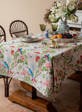 桌布新中式田园风花鸟长方形餐桌布艺美式茶几台布盖布防尘高级感
