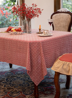 新年红色桌布高级轻奢装饰餐桌布布艺棉麻长方形家用绣花桌布盖布