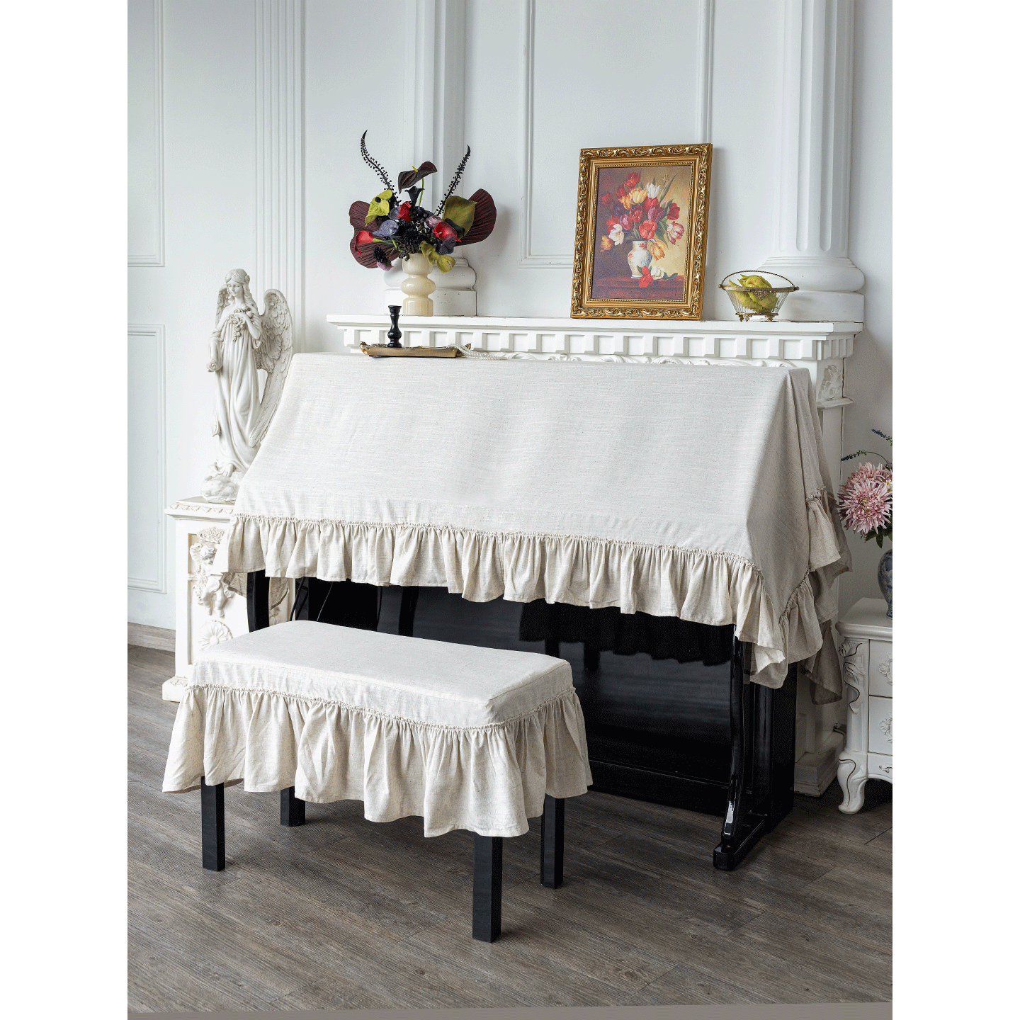 法式棉麻亚麻纯色钢琴防尘罩两用