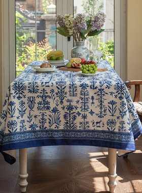亚麻桌布防水台布新中式青花茶几台布轻奢高级感蓝色餐桌盖布盖巾
